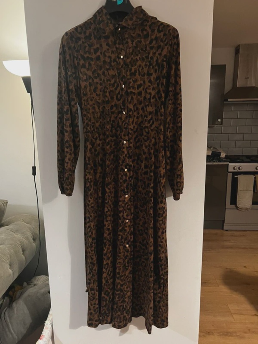 F&F Brown and Black Leopard Print Long Sleeve Button Dress